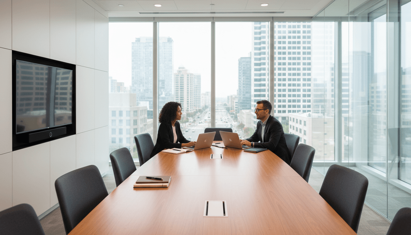 Two professionals in business attire seated at polished table in modern glass-walled conference room with city skyline visible through windows