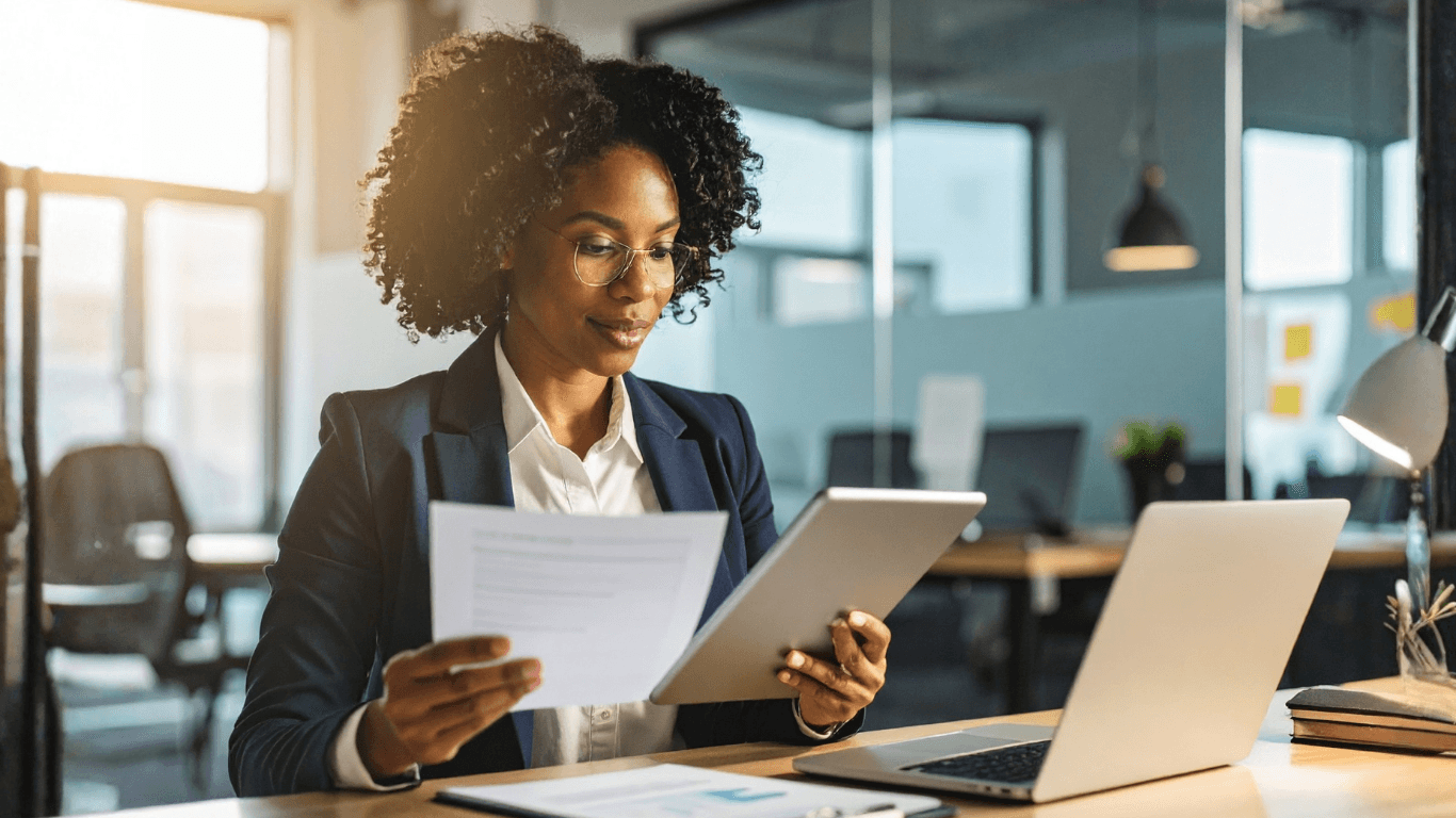 Black businesswoman with curly hair reviews documents and a tablet at her modern office desk.